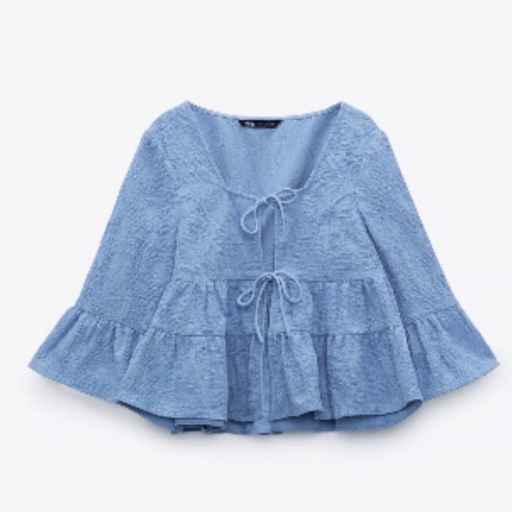 Zara Light Blue Tie-Front Tiered Blouse - Picture 3 of 10
